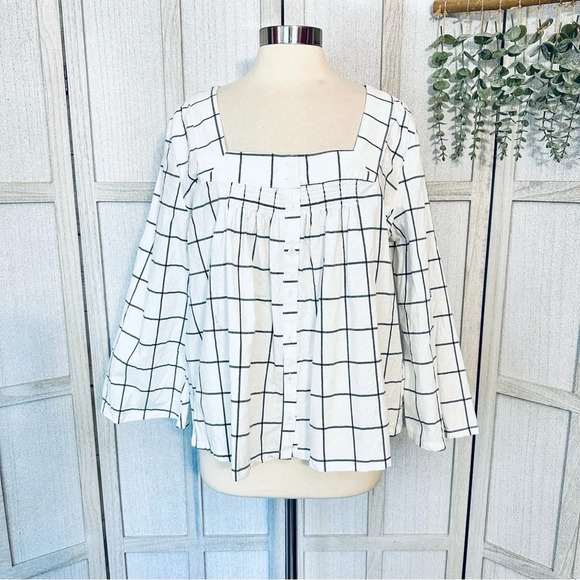 Roebuck & Co. Grid Pattern Blouse White Black Square Neckline Women’s Size XL - Picture 1 of 7